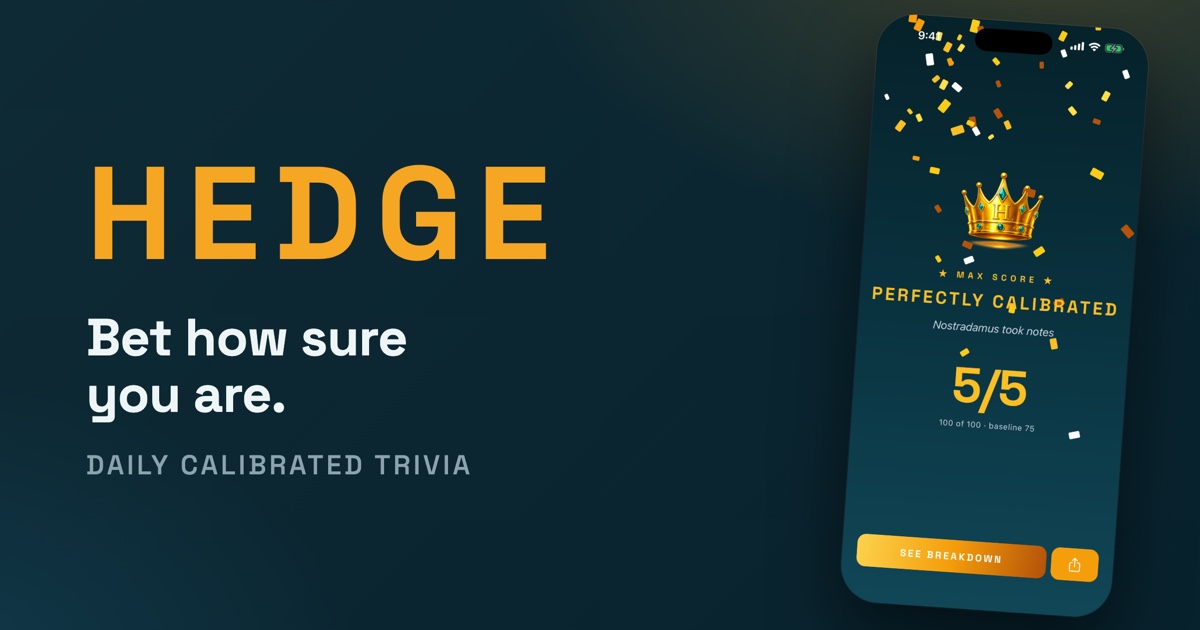 Hedge: Calibrated Trivia - A daily trivia game where you bet how confident you are in your answers logo